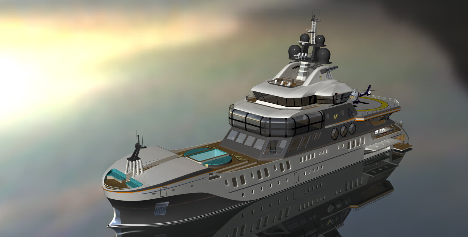 Grant Maughan exterior design — EVO 80 fast expedition yacht at sunset