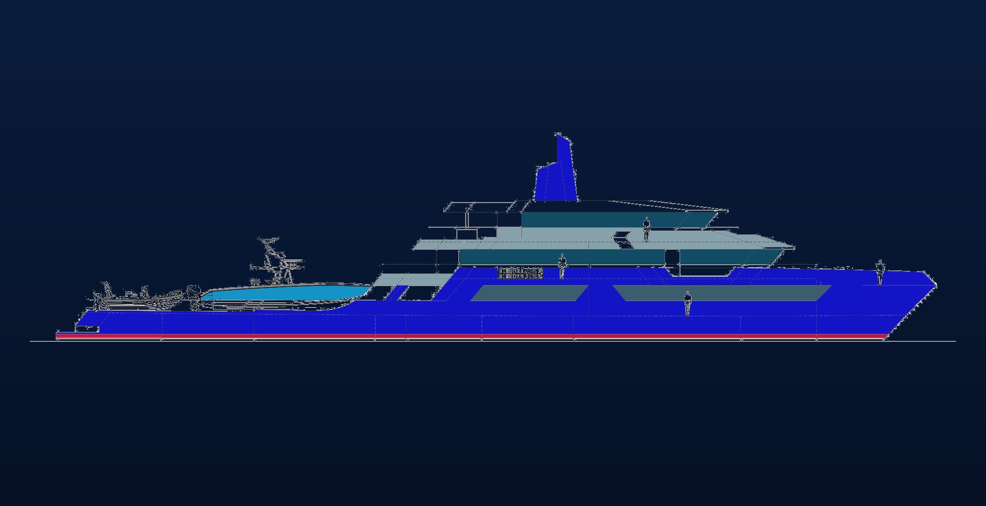 Project Comet — blue-hull design profile of a 200 ft fast crew explorer yacht