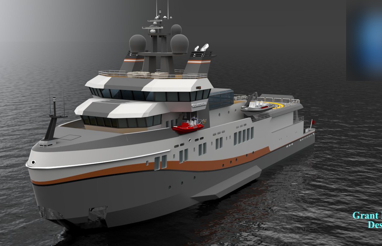 Project Concordia — expedition yacht conversion rendering, bow quarter