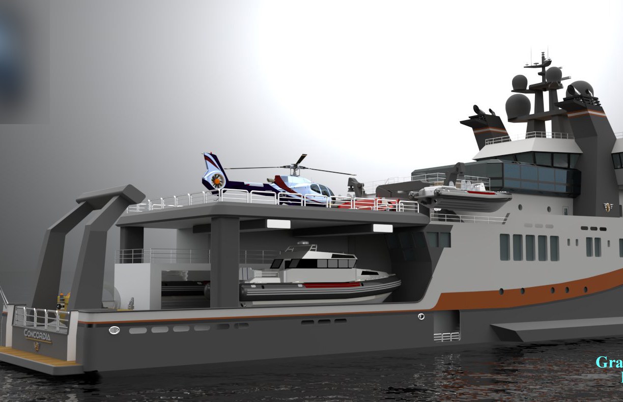 Project Concordia — expedition yacht conversion rendering, stern