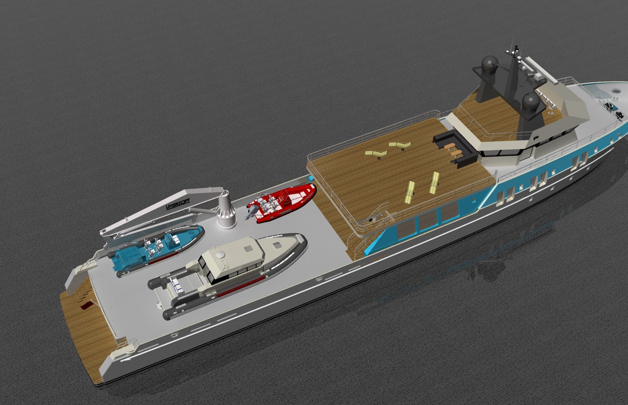 Project Corsair — conversion rendering, aerial of the teak toy deck with tenders