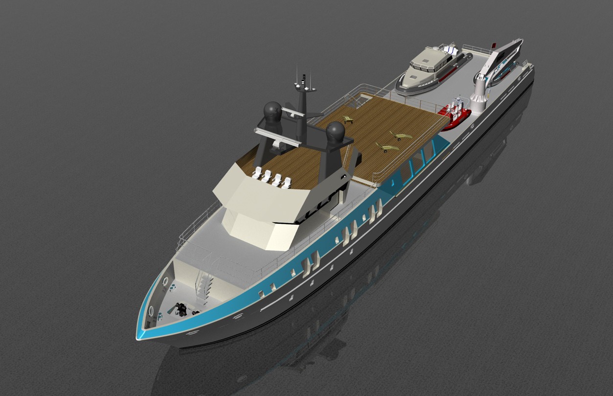 Project Corsair — conversion rendering, bow-quarter aerial