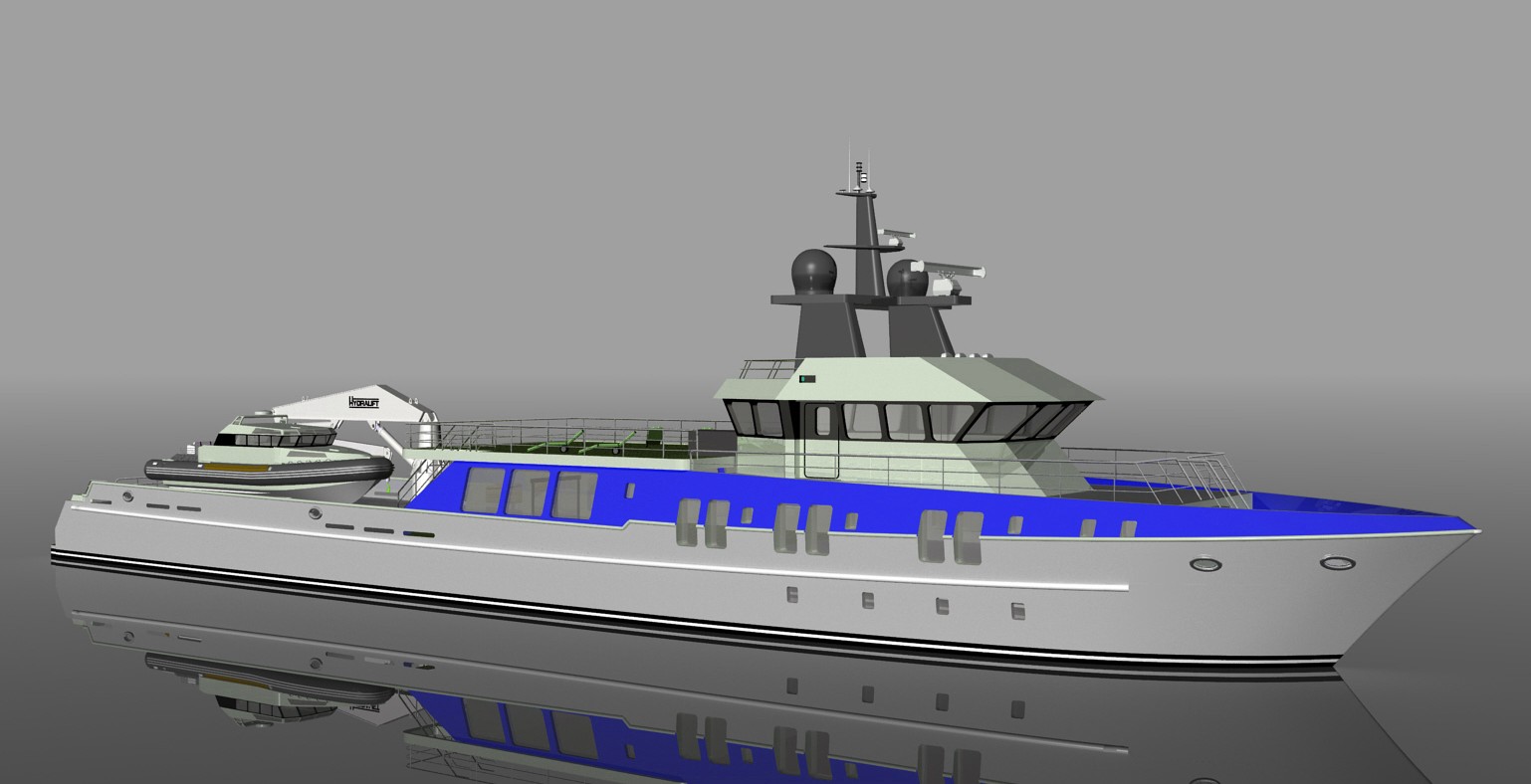 Project Corsair — Grant Maughan conversion rendering of a 175 ft fast crew vessel as a fast explorer yacht