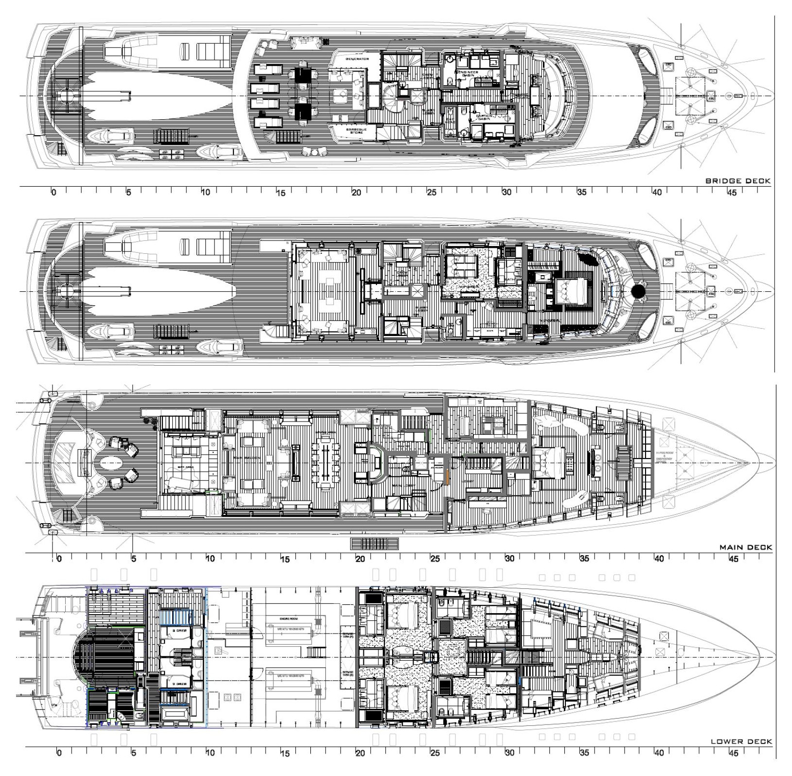 Project Cosmo — general arrangement: bridge deck, main deck and lower deck plans