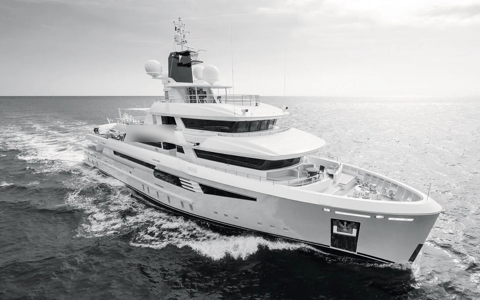 Completed sister ship of Project Cosmo — 50 m expedition yacht underway, bow quarter