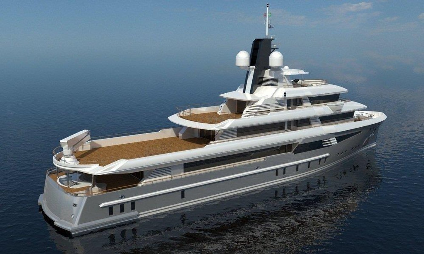 Project Cosmo — 50 m ice-class expedition yacht design rendering, stern quarter