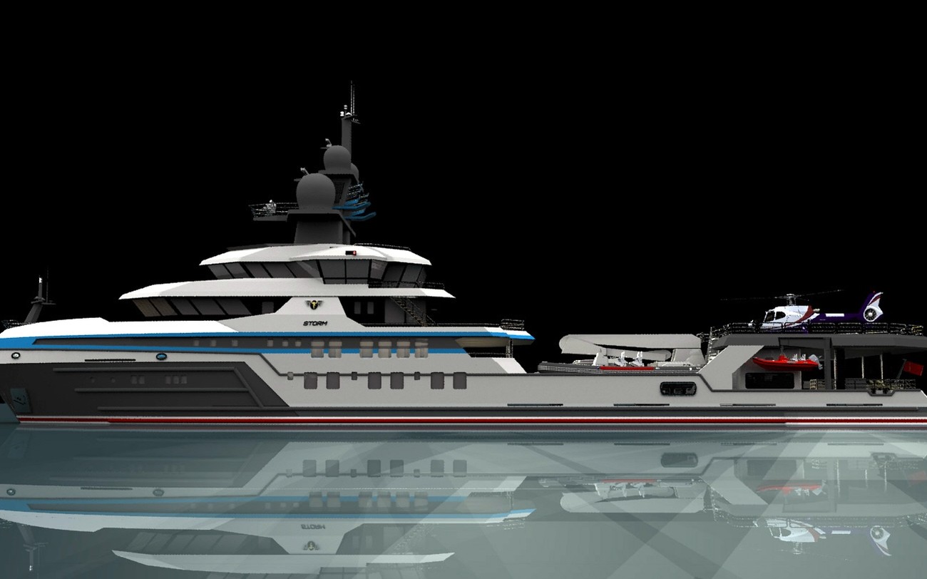 Project Courageous — expedition-yacht conversion rendering, port profile