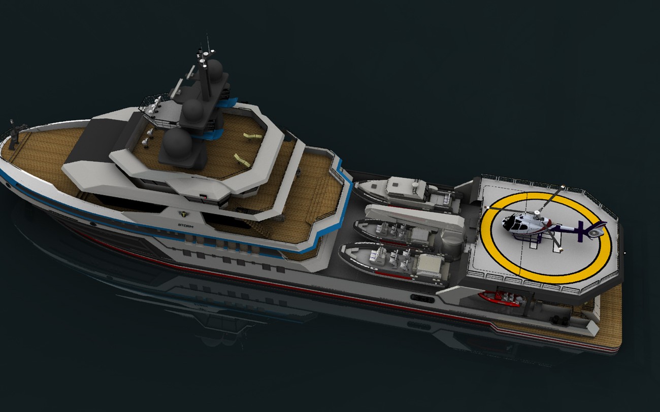 Project Courageous — expedition-yacht conversion rendering, aft helideck and tenders