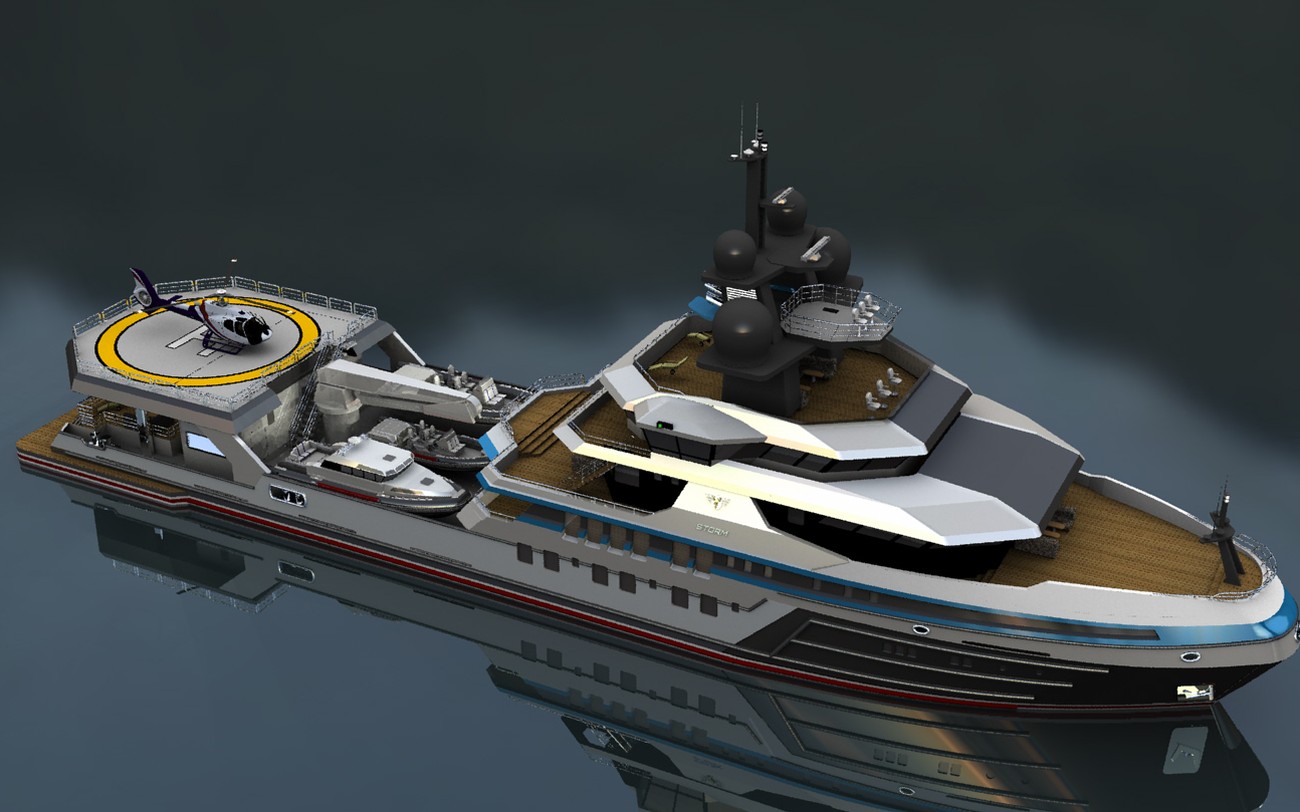Project Courageous — expedition-yacht conversion rendering, aerial