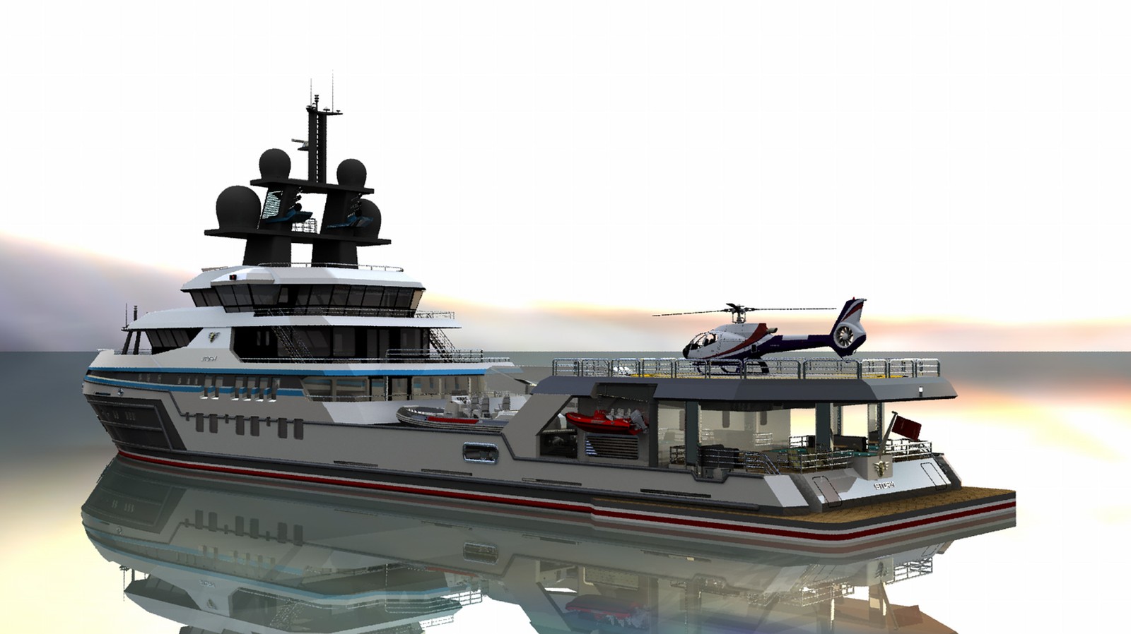 Project Courageous — expedition-yacht conversion rendering, aft deck, helideck and beach club