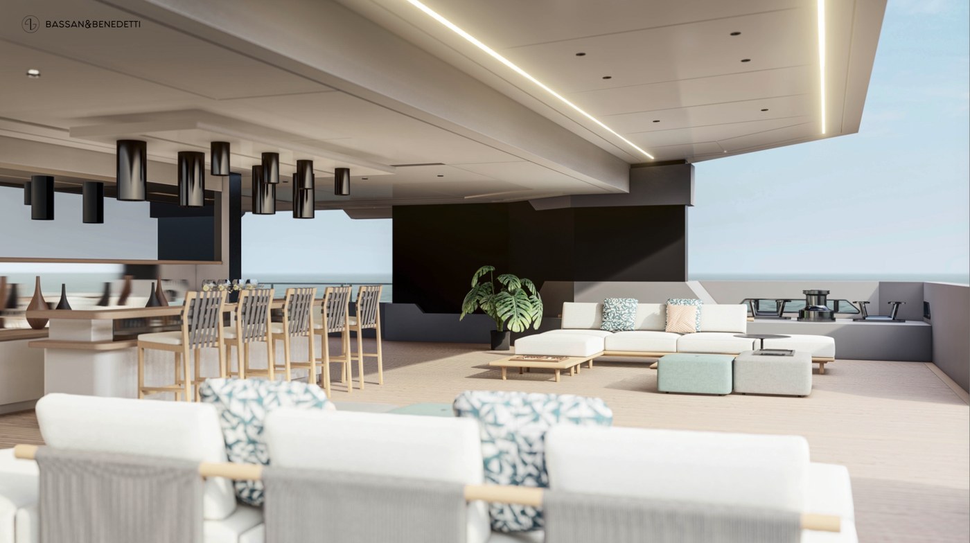 Expedition yacht interior concept — main salon and bar