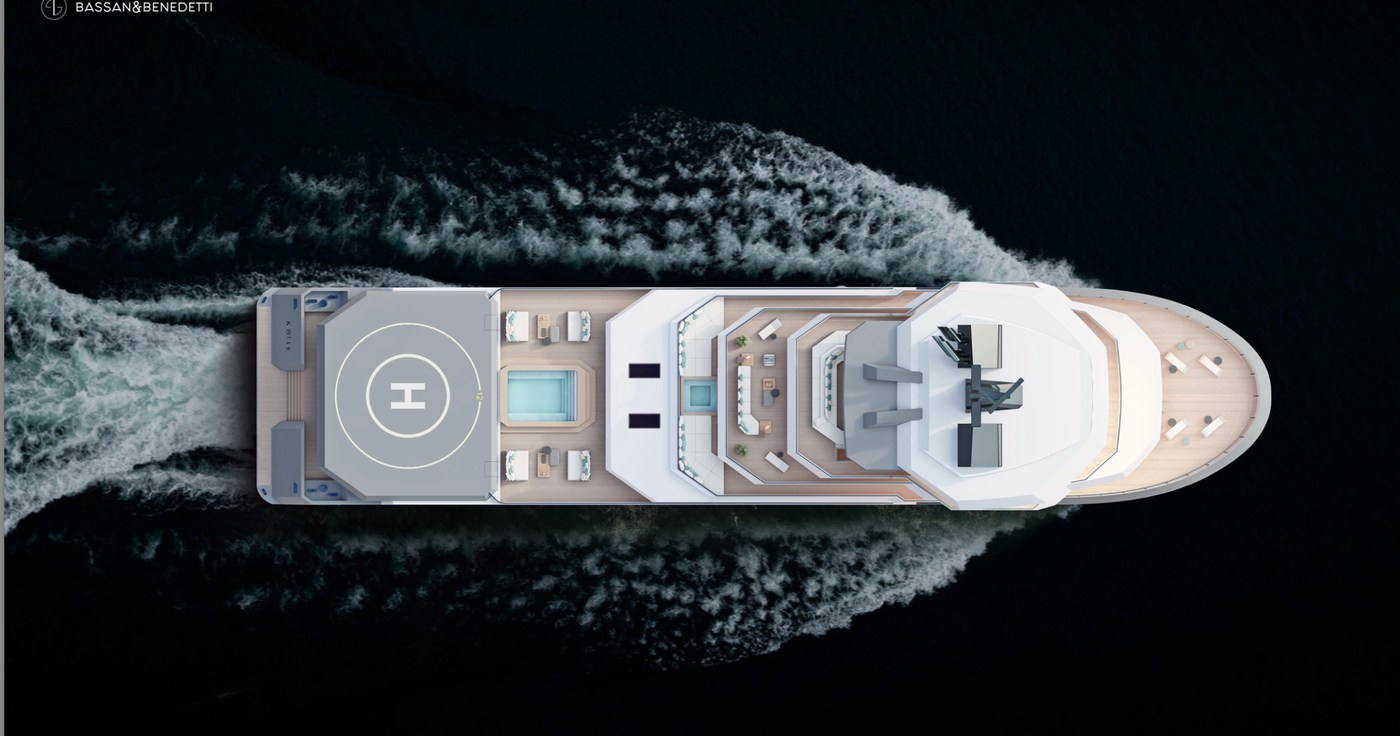 Project Falcon — Bassan & Benedetti conversion rendering, aft deck helipad and pools