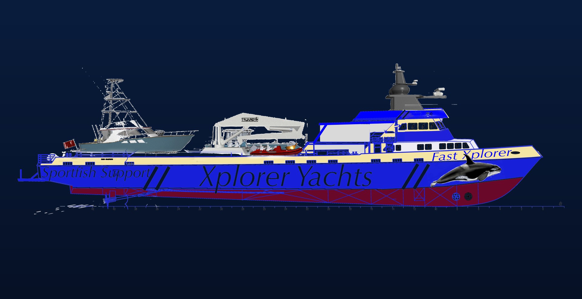 Project Marlin — 160 ft (49 m) fast supply vessel re-imagined as a sportfish and fishing expedition platform, carrying a sportfish boat and tenders under a deck crane