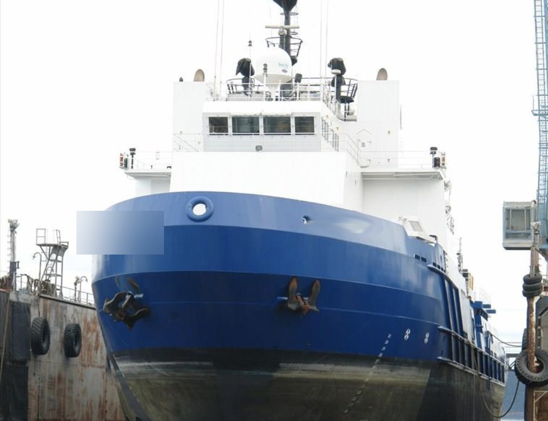 Project Nanuq — ice-class bow in dry dock, hull and ice belt