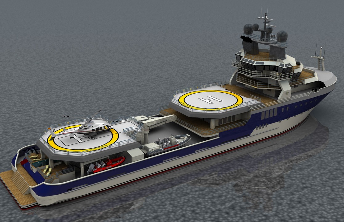 Project Octant — conversion rendering, aerial with twin helidecks and tenders