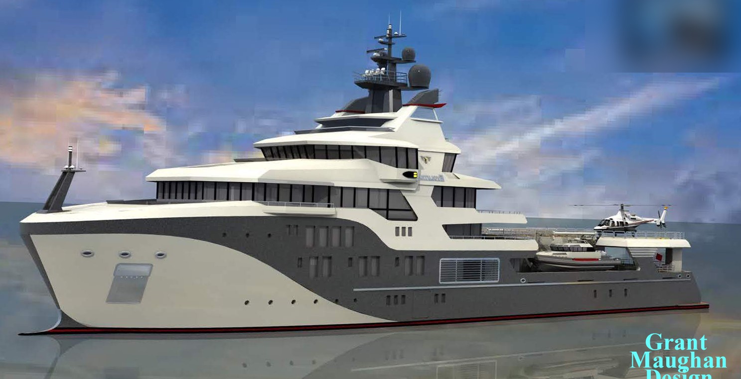 Project Osprey — Grant Maughan conversion rendering of an 80 m ice-class expedition yacht with helideck and beach club