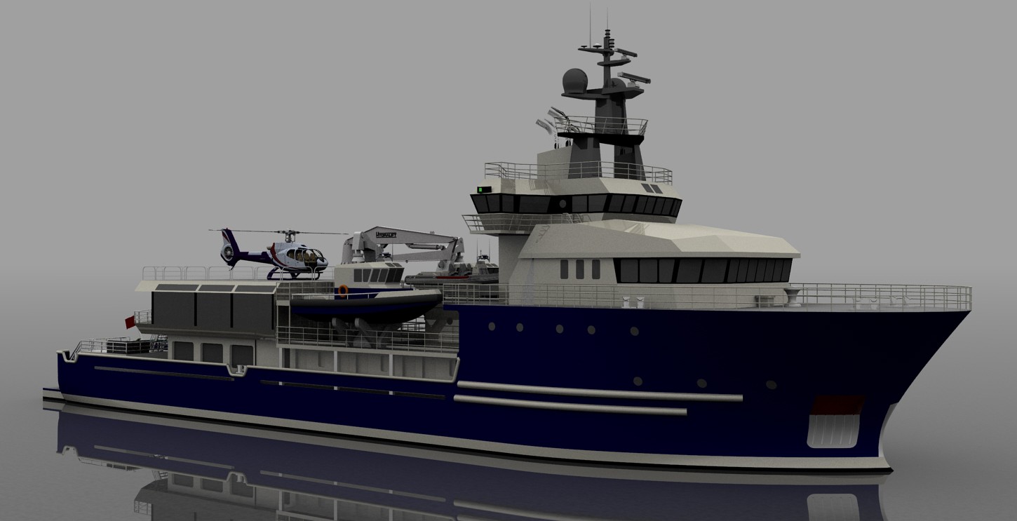 Project Vega — Grant Maughan conversion rendering of a 207 ft (63 m) Norwegian ERRV as a compact expedition yacht