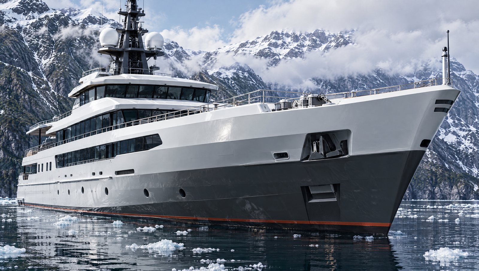 Project Weser — expedition conversion of a 210 ft (64 m) Elsflether Werft yacht, shown in high-latitude cruising configuration