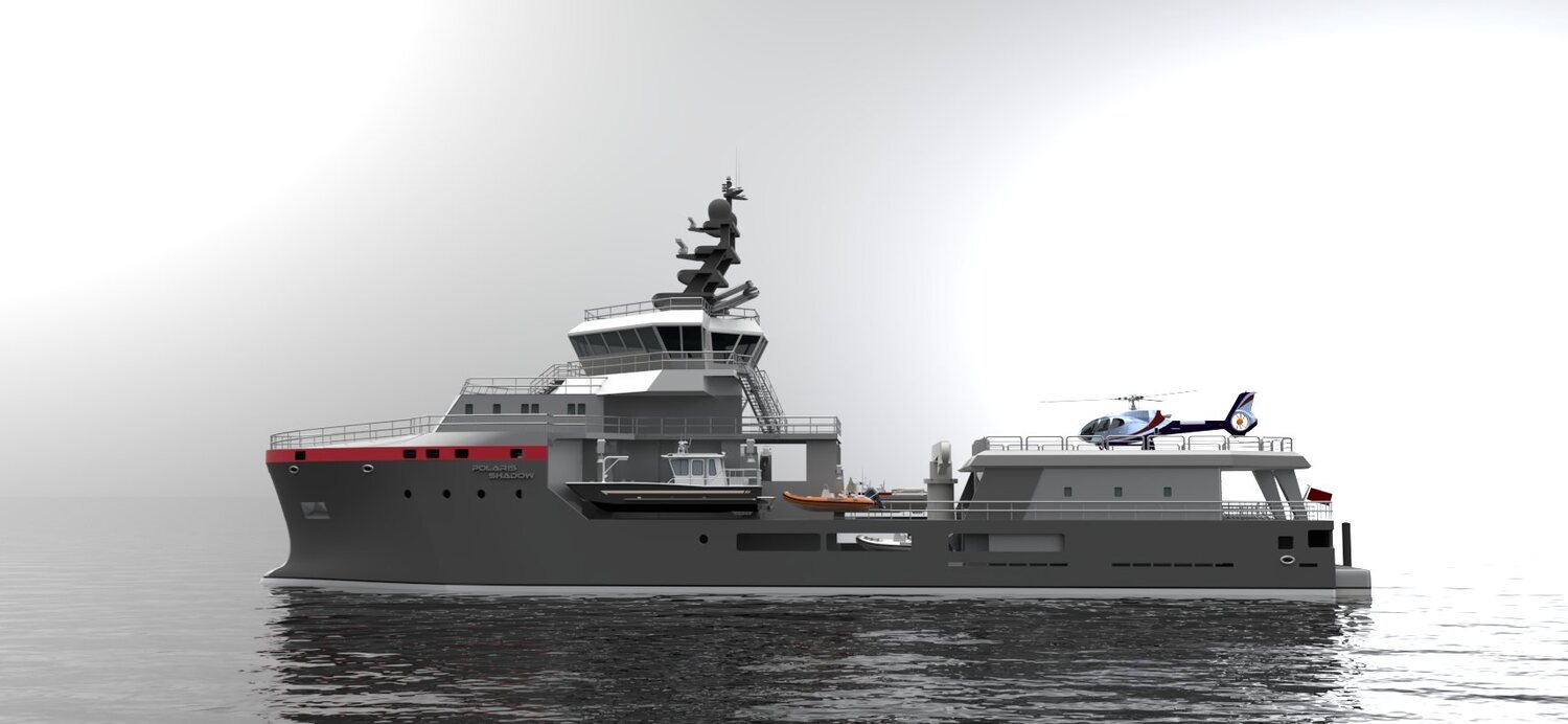 Polaris Dawn and its shadow support vessel, profile