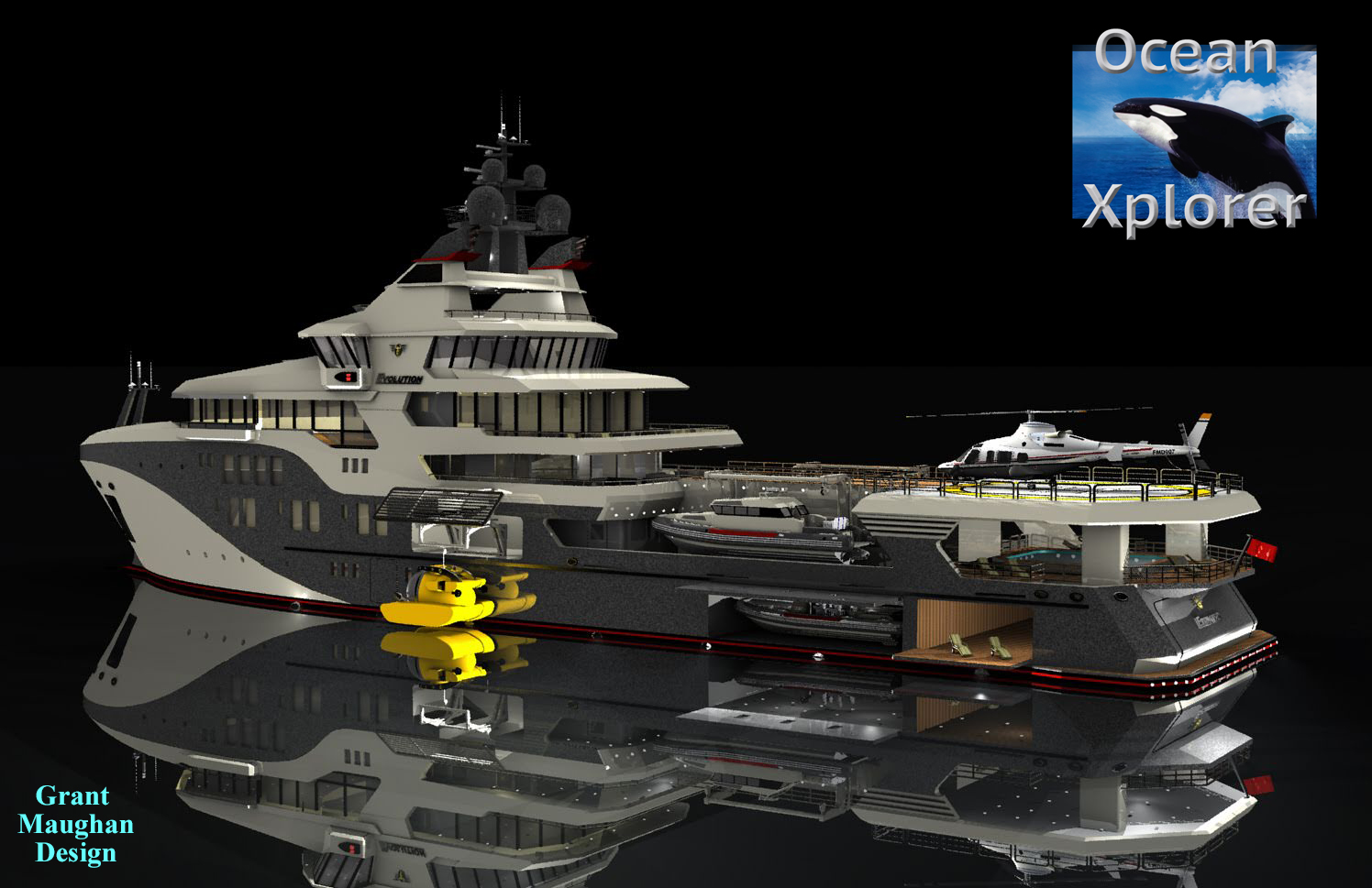 Xplorer Yachts — expedition yacht rendering with Xplorer Yachts logo, by Grant Maughan Design