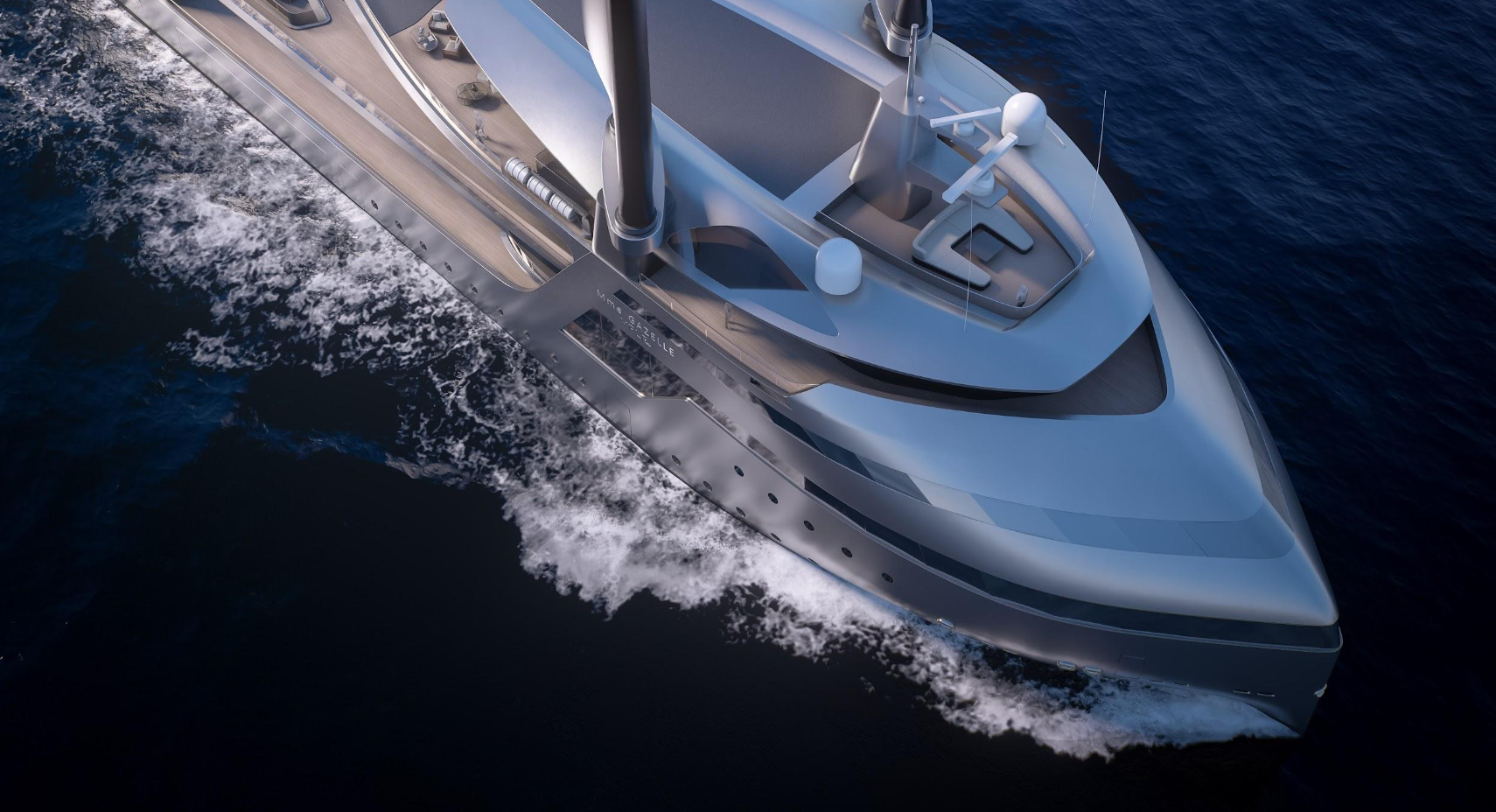 Wind Voyage 110 — aerial view under sail, VPLP OceanWing wing-sail-powered expedition yacht